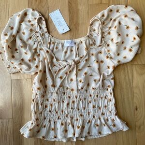Sienna Sky Cream Smocked Blouse with Puffed Sleeves